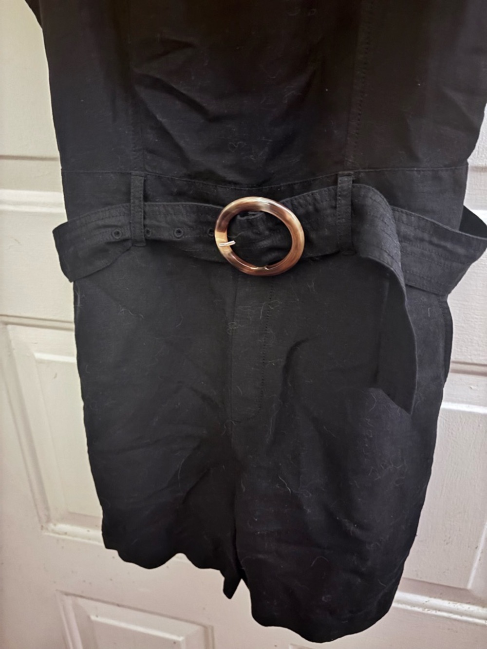 LOFT Black Square-Neck Belted Linen Blend Short Romper with Tortoiseshell Buckle - Picture 5 of 8